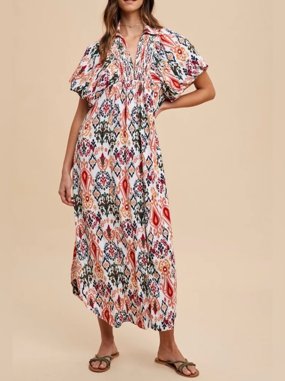 Short Sleeve Ikat Print Maxi Dress in Multi Color(SKU814)